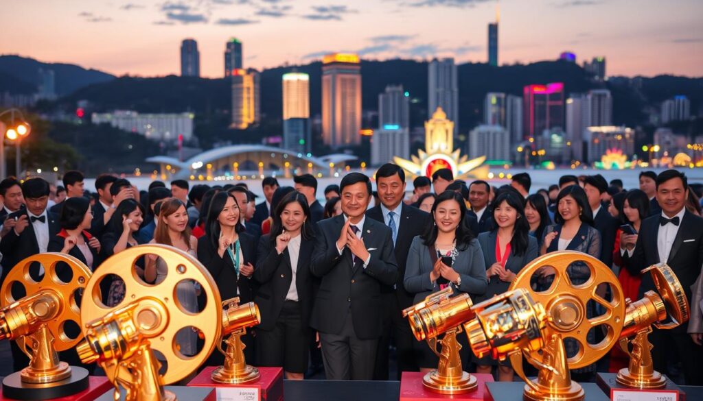 A beautiful outdoor scene at the Busan International Film Festival 2025 awards ceremony. In the foreground, elegant trophy designs inspired by film reels and cameras, polished and gleaming under soft golden lighting. The middle ground features a diverse group of attendees in professional business attire, celebrating and interacting joyfully, their expressions reflecting pride and excitement. Behind them, a stunning backdrop of Busan's skyline at twilight, with colorful lights illuminating iconic buildings. The atmosphere is festive and nostalgic, capturing the essence of 30 years of cinematic achievements. The image is taken from a slightly elevated angle to encompass both the awards and the celebratory crowd, creating a dynamic composition devoid of any text or distractions. A beautiful outdoor scene at the Busan International Film Festival 2025 awards ceremony. In the foreground, elegant trophy designs inspired by film reels and cameras, polished and gleaming under soft golden lighting. The middle ground features a diverse group of attendees in professional business attire, celebrating and interacting joyfully, their expressions reflecting pride and excitement. Behind them, a stunning backdrop of Busan's skyline at twilight, with colorful lights illuminating iconic buildings. The atmosphere is festive and nostalgic, capturing the essence of 30 years of cinematic achievements. The image is taken from a slightly elevated angle to encompass both the awards and the celebratory crowd, creating a dynamic composition devoid of any text or distractions.