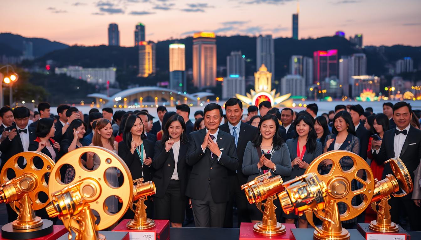 A beautiful outdoor scene at the Busan International Film Festival 2025 awards ceremony. In the foreground, elegant trophy designs inspired by film reels and cameras, polished and gleaming under soft golden lighting. The middle ground features a diverse group of attendees in professional business attire, celebrating and interacting joyfully, their expressions reflecting pride and excitement. Behind them, a stunning backdrop of Busan's skyline at twilight, with colorful lights illuminating iconic buildings. The atmosphere is festive and nostalgic, capturing the essence of 30 years of cinematic achievements. The image is taken from a slightly elevated angle to encompass both the awards and the celebratory crowd, creating a dynamic composition devoid of any text or distractions.