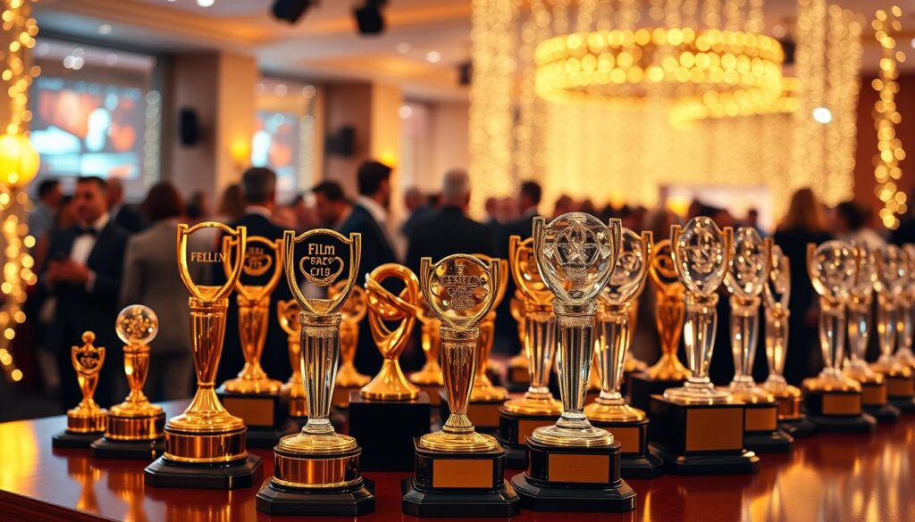 A beautifully arranged display of film festival awards, featuring gleaming golden trophies and elegant crystal figurines on a polished wooden table. In the foreground, several awards are illuminated with soft, focused lighting to highlight their intricate designs and details. The middle ground showcases a backdrop of sparkling fairy lights, creating a celebratory and prestigious atmosphere. In the background, a blurred silhouette of a bustling event hall filled with attendees in professional attire, creating an ambiance of excitement and anticipation. The overall color palette is warm with golden hues, embodying a sense of achievement and recognition. The image captures the essence of film festival awards, inviting viewers to celebrate cinematic excellence.
