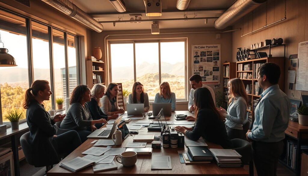 A cozy, independent film distribution office in Boulder, Colorado. In the foreground, a diverse group of professionals in business attire, animatedly discussing a film project around a large wooden table strewn with scripts and laptops. The middle ground features shelves filled with film reels, promotional posters, and creative brainstorming boards showcasing artistic movie concepts. In the background, large windows reveal a stunning view of the Boulder mountains, bathed in golden afternoon light, illuminating the space with a warm, inviting glow. The atmosphere is collaborative and energetic, hinting at innovation and passion for independent cinema, captured from a slightly elevated angle to encompass both the team’s dynamic and the inspiring landscape outside.