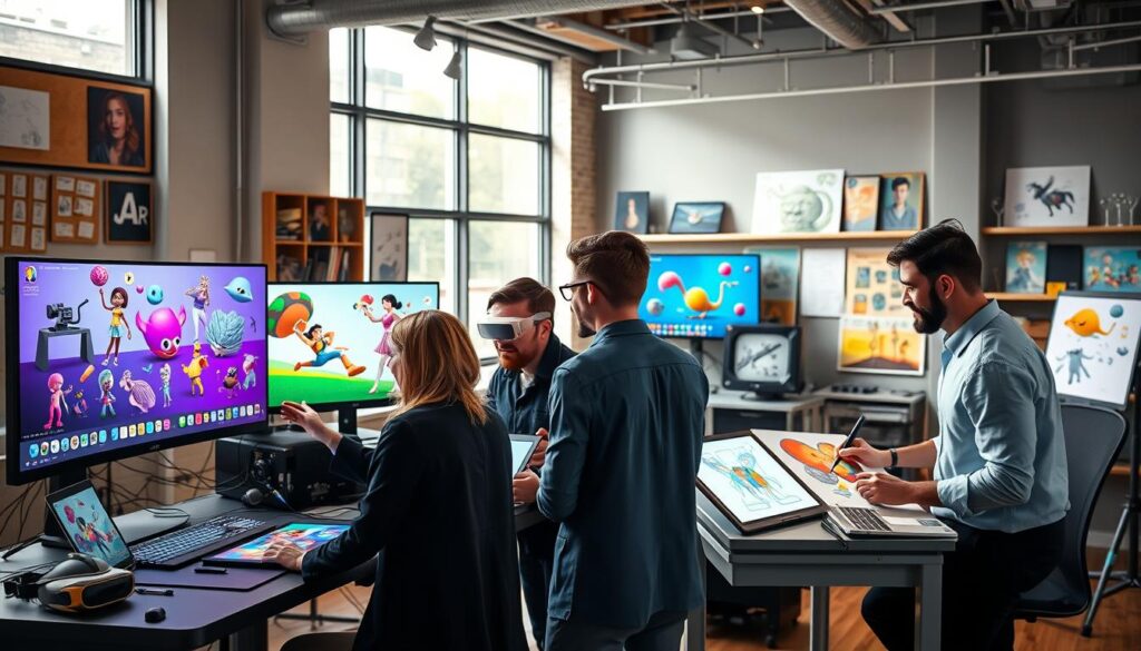 A cutting-edge animation technology showcase in a modern studio environment, featuring a sleek animation workstation with multiple screens displaying vibrant animation designs and character models in motion. In the foreground, a diverse group of four artists in professional attire collaborates enthusiastically, using laptops and digital drawing tablets. The middle ground showcases state-of-the-art equipment like VR headsets and 3D printers alongside vibrant storyboards. The background includes large windows with natural light streaming in, illuminating the creative workspace filled with colorful sketches and awards. The atmosphere is dynamic and inspiring, conveying a sense of innovation and collaboration. Utilize soft lighting to enhance the creative vibe, with a slight lens blur on the background for depth.