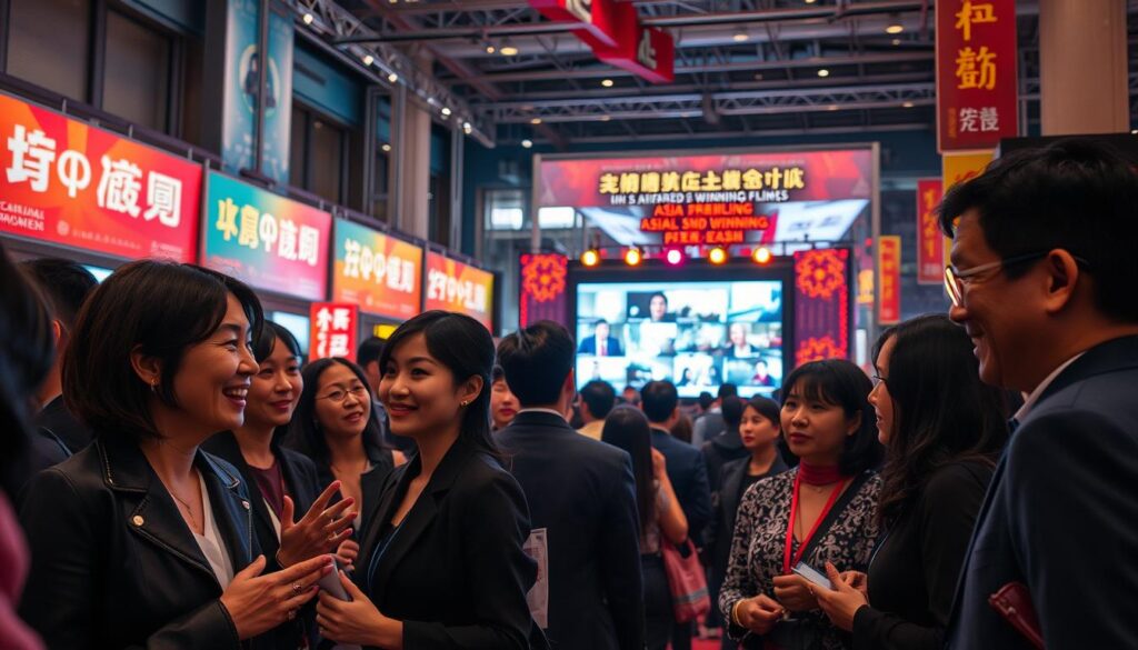 A dynamic scene capturing the vibrant essence of Asian cinema trends, set against a backdrop of a bustling film festival atmosphere. In the foreground, a diverse group of filmmakers and industry professionals in professional business attire engage in passionate discussions, showcasing female and male figures animatedly exchanging ideas, their expressions filled with excitement. The middle ground features an illuminated screen displaying snippets from award-winning films, surrounded by festival banners and colorful decorations. The background captures the lively crowd, with people engrossed in screenings and networking, under soft, warm lighting that creates an inviting ambiance. The image should be framed from a slightly elevated angle, emphasizing the interaction among the attendees, while the overall mood reflects a mix of celebration and inspiration typical of a premier film festival. A dynamic scene capturing the vibrant essence of Asian cinema trends, set against a backdrop of a bustling film festival atmosphere. In the foreground, a diverse group of filmmakers and industry professionals in professional business attire engage in passionate discussions, showcasing female and male figures animatedly exchanging ideas, their expressions filled with excitement. The middle ground features an illuminated screen displaying snippets from award-winning films, surrounded by festival banners and colorful decorations. The background captures the lively crowd, with people engrossed in screenings and networking, under soft, warm lighting that creates an inviting ambiance. The image should be framed from a slightly elevated angle, emphasizing the interaction among the attendees, while the overall mood reflects a mix of celebration and inspiration typical of a premier film festival.