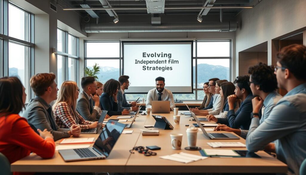 A professional development workshop in a modern conference room filled with natural light. In the foreground, a diverse group of industry professionals, dressed in smart business attire, engage in a collaborative discussion around a large table strewn with laptops, notepads, and coffee cups. In the middle ground, a screen displays a projected presentation titled "Evolving Independent Film Strategies." In the background, large windows showcase a view of Boulder’s iconic mountains, adding an inspiring context to the scene. Soft, diffused lighting creates an inviting atmosphere, emphasizing focus and creativity. The lens captures the energy of collaboration and innovation, highlighting the importance of growth in the independent film sector.