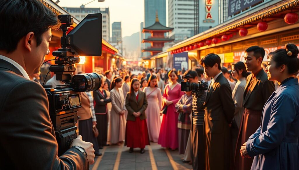 A vibrant film set representing Korean cinema, showcasing a director in a professional business attire focused on a scene, surrounded by a diverse cast of actors dressed in elegant traditional and modern outfits. In the foreground, a film camera captures a passionate performance, with crew members adjusting lights. The middle ground features iconic elements of Korean culture, like traditional Hanbok garments and modern cityscapes, blending harmoniously. The background reveals a bustling film festival scene in Busan, illuminated by warm, golden hour lighting that casts dramatic shadows. The atmosphere is lively and inspiring, emphasizing creativity and collaboration. The composition should utilize a cinematic angle, creating depth and drawing the viewer into the dynamic world of Korean cinema. A vibrant film set representing Korean cinema, showcasing a director in a professional business attire focused on a scene, surrounded by a diverse cast of actors dressed in elegant traditional and modern outfits. In the foreground, a film camera captures a passionate performance, with crew members adjusting lights. The middle ground features iconic elements of Korean culture, like traditional Hanbok garments and modern cityscapes, blending harmoniously. The background reveals a bustling film festival scene in Busan, illuminated by warm, golden hour lighting that casts dramatic shadows. The atmosphere is lively and inspiring, emphasizing creativity and collaboration. The composition should utilize a cinematic angle, creating depth and drawing the viewer into the dynamic world of Korean cinema.