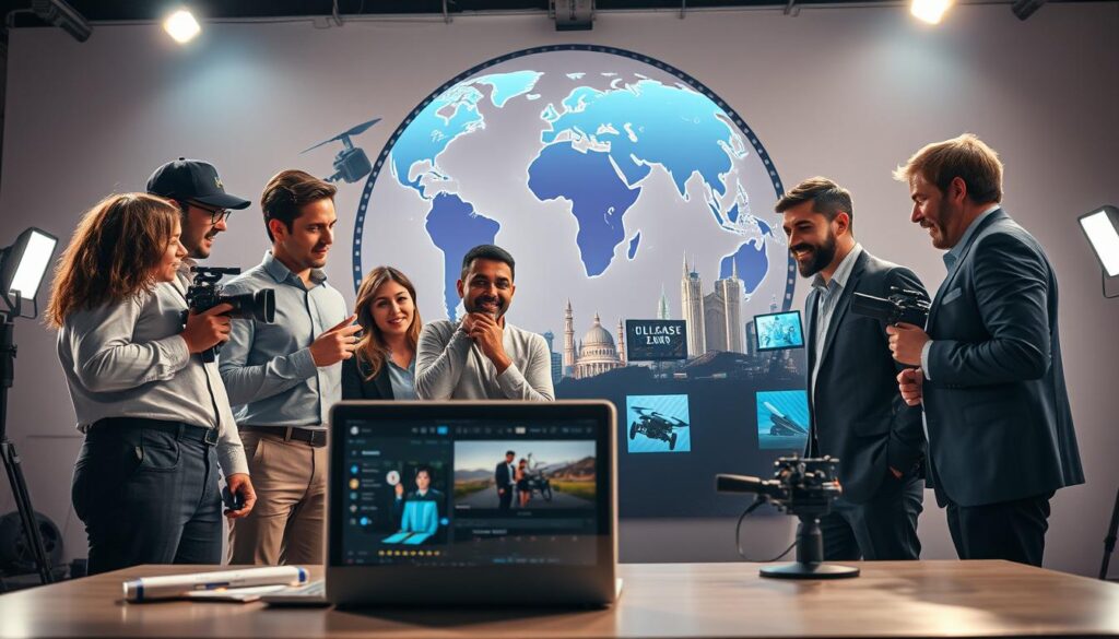 A vibrant global cinema scene showcasing innovative technology in the film industry. In the foreground, a diverse group of filmmakers and tech experts, dressed in professional business attire, engage in animated discussion around a cutting-edge film editing software on a sleek laptop. The middle layer features a high-tech film set, with advanced cameras, drones, and lighting equipment arranged artistically. In the background, a symbolic globe composed of film reels and digital screens highlights various iconic landmarks from three continents to represent global cinema. Soft studio lighting bathes the scene, creating a dynamic atmosphere of collaboration and creativity. The perspective is slightly elevated, capturing both the engagement of the filmmakers and the innovative technology surrounding them, emphasizing the theme of recognition in technology and innovation within the cinema industry.