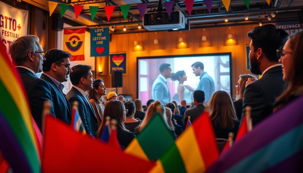 A vibrant scene capturing a diverse group of filmmakers at an LGBTQ+ film festival, showcasing a colorful array of flags in the foreground. The filmmakers, dressed in professional business attire, are engaged in animated discussions, highlighting mentorship and collaboration. In the middle, a large projector screen displays a heartfelt film scene celebrating love and acceptance, while an audience of different ethnicities and ages watches with enthusiasm. The background features festival banners and decorations, illuminated by warm ambient lighting that creates an inviting atmosphere. The angle is slightly elevated, emphasizing the camaraderie and passion for storytelling. The mood is inspiring and supportive, reflecting the industry’s progressive impact on representation in cinema. A vibrant scene capturing a diverse group of filmmakers at an LGBTQ+ film festival, showcasing a colorful array of flags in the foreground. The filmmakers, dressed in professional business attire, are engaged in animated discussions, highlighting mentorship and collaboration. In the middle, a large projector screen displays a heartfelt film scene celebrating love and acceptance, while an audience of different ethnicities and ages watches with enthusiasm. The background features festival banners and decorations, illuminated by warm ambient lighting that creates an inviting atmosphere. The angle is slightly elevated, emphasizing the camaraderie and passion for storytelling. The mood is inspiring and supportive, reflecting the industry’s progressive impact on representation in cinema.