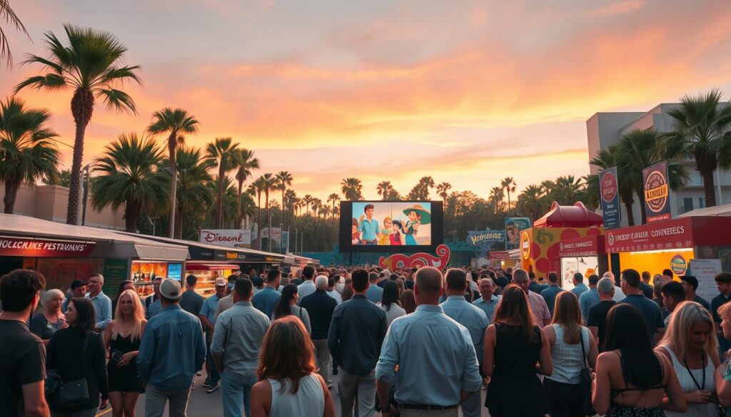 A vibrant scene capturing the essence of the Burbank International Film Festival, showcasing a lively outdoor festival atmosphere. In the foreground, film enthusiasts of diverse backgrounds gather, dressed in smart casual attire, discussing animation and genre films. The middle ground features a large screen displaying animated clips, surrounded by food stalls and artistic installations inspired by iconic characters. The background includes palm trees and the silhouette of nearby buildings against a sunset sky, with warm golden and pink hues. The lighting is soft and inviting, creating a festive mood. A wide-angle lens captures the bustling energy of the event while emphasizing the celebration of creativity and storytelling in animation.