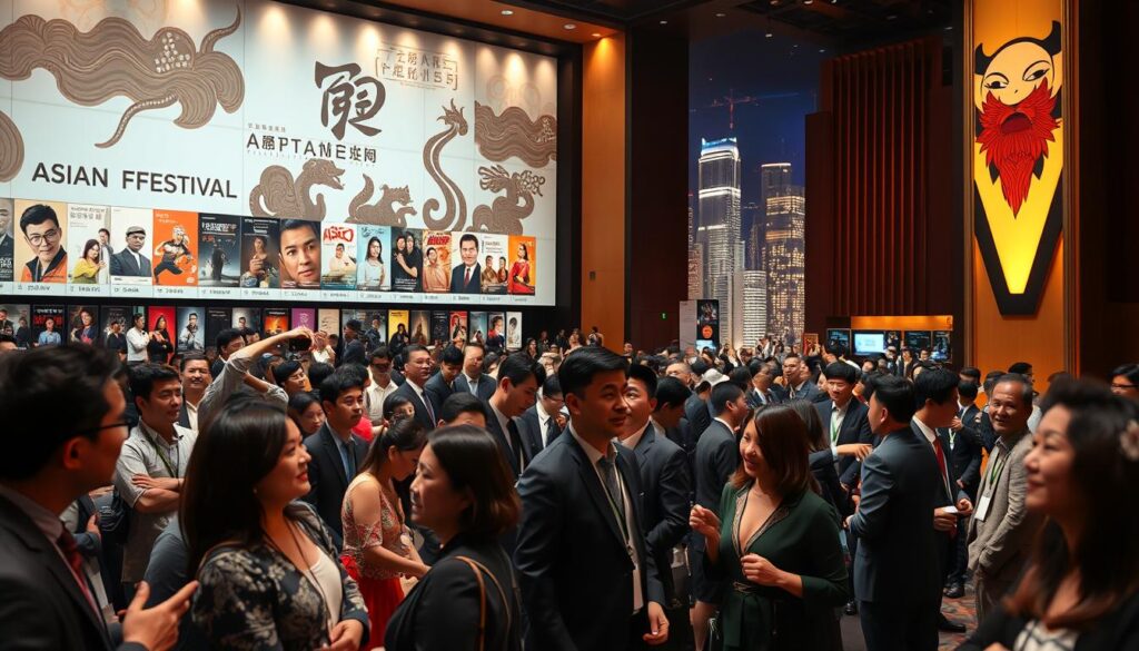 A visual representation of the evolution of an Asian film festival, featuring a bustling film screening event. In the foreground, a diverse group of filmmakers and audiences in professional business attire engaged in animated discussions, displaying excitement and curiosity. The middle ground showcases a grand, modern auditorium adorned with traditional Asian motifs, filled with film posters celebrating historical milestones. In the background, a timeline of prominent Asian film icons and landmark films gracefully blends into a vibrant cityscape illuminated by dazzling lights, symbolizing growth and evolution. Soft, warm lighting creates an inviting ambiance, enhancing a sense of community and celebration. The angle is slightly elevated, capturing the entire scene and emphasizing the dynamic atmosphere of the festival.