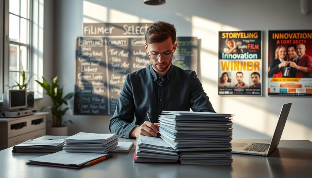A visually engaging scene depicting a film festival selection process in a well-lit, modern office environment. In the foreground, a professional-looking individual, dressed in business attire, reviews a stack of film submissions on a sleek desk, surrounded by notepads and a laptop. The middle layer showcases a chalkboard or whiteboard featuring organized categories like "Storytelling," "Cinematography," and "Innovation," each with colorful doodles and bullet points. In the background, soft daylight streams through large windows, illuminating posters of past film festival winners, creating an inspiring atmosphere. The overall mood is focused and creative, capturing the essence of film evaluation and high standards of competition without any text elements.