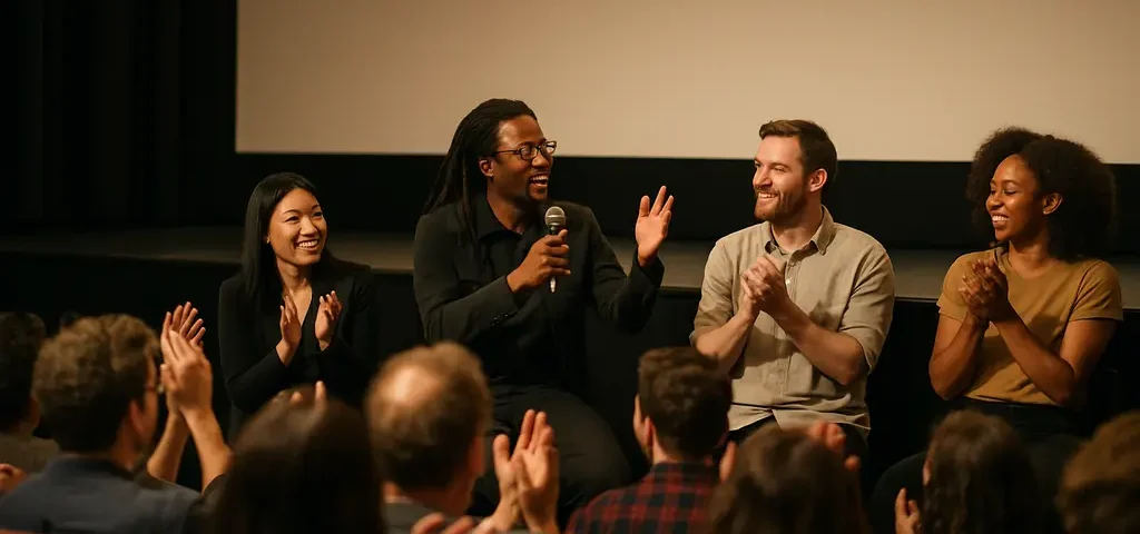 August Film Winners screening room with indie filmmakers discussing awards