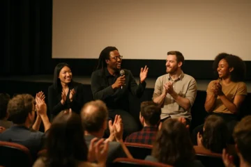 August Film Winners screening room with indie filmmakers discussing awards