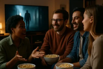 Fandango AVOD strategy shown through viewers browsing free films on a living room screen