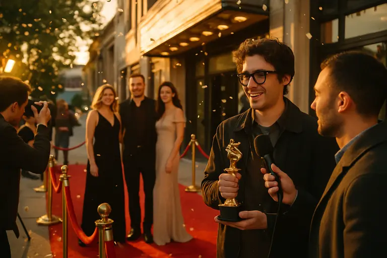 Film crew members gathered near a stage after an industry recognition event