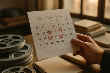 IDA Documentary Awards calendar on a desk beside documentary screening notes