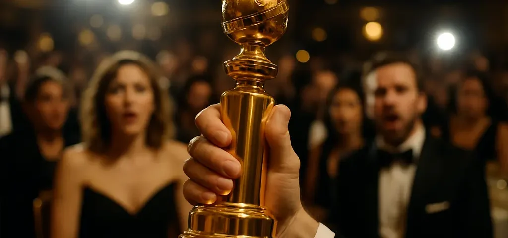 Golden Globes lawsuit analysis with an empty awards stage and press seating