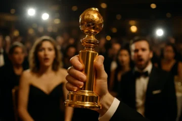 Golden Globes lawsuit analysis with an empty awards stage and press seating
