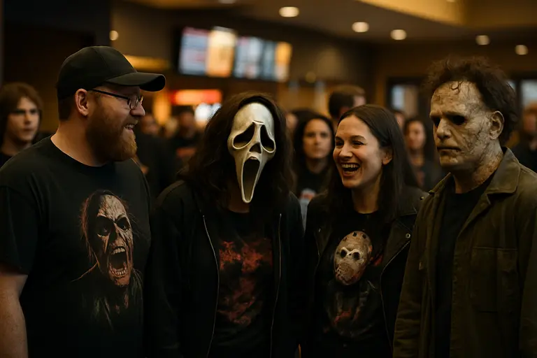 Horror fans gathered in a cinema lobby before an evening screening