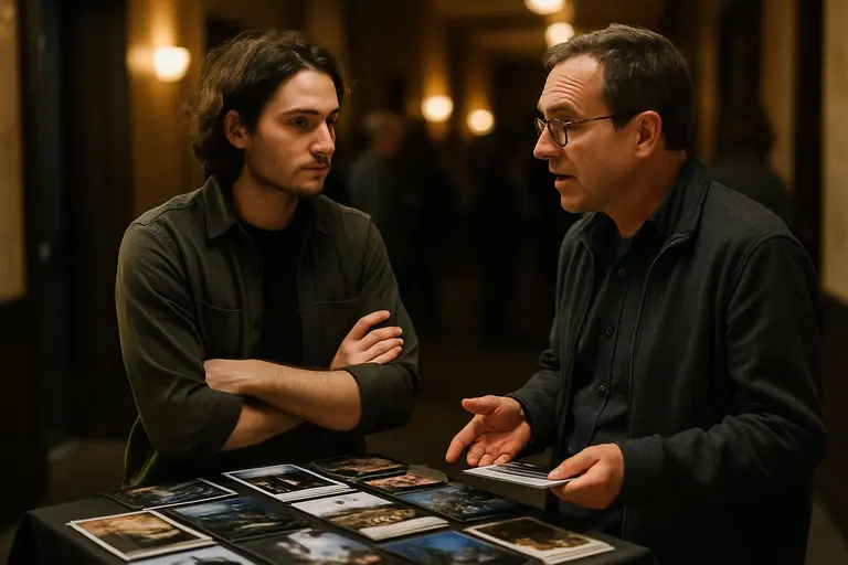 Independent filmmaker reviewing a documentary timeline beside festival notes