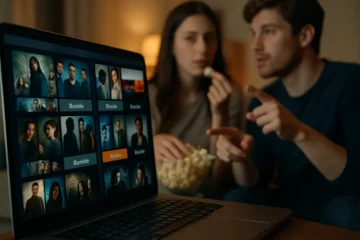 Streaming bundles shown through a living room screen with multiple entertainment apps