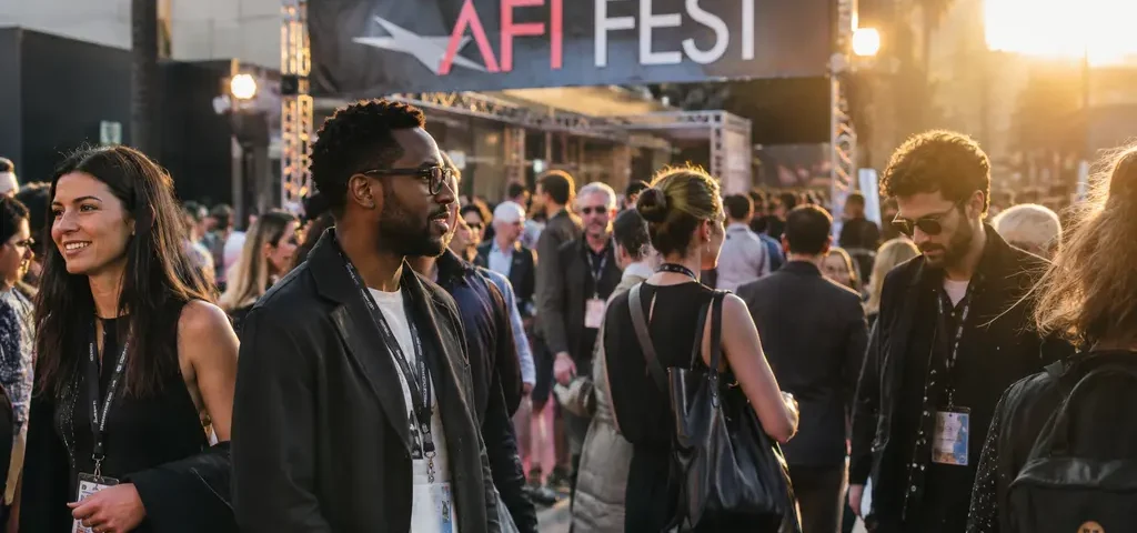 AFI FEST indie voices represented by filmmakers gathering outside a Hollywood theater