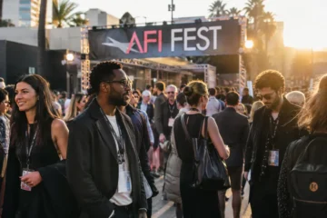 AFI FEST indie voices represented by filmmakers gathering outside a Hollywood theater