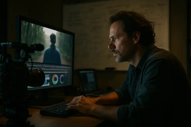 An independent filmmaker reviews a completed film on a laptop