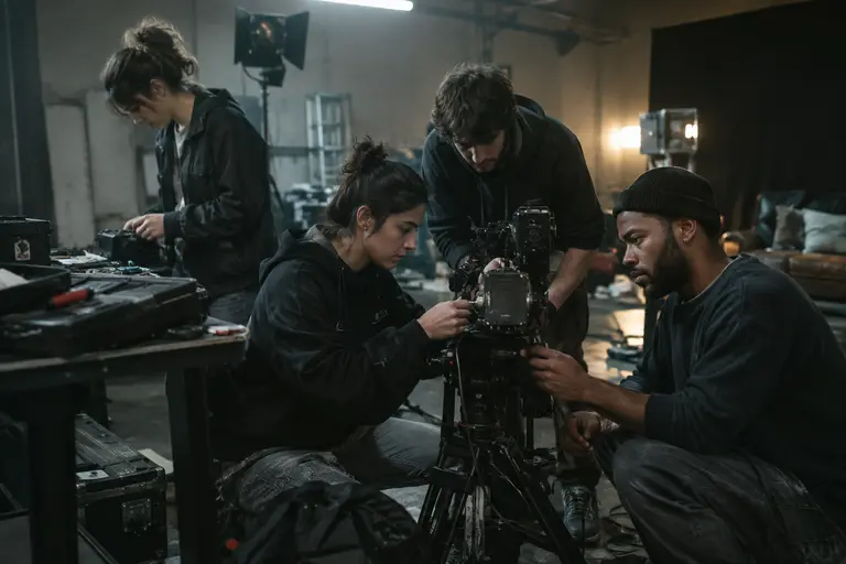 Film equipment carts and lighting stands arranged near a soundstage