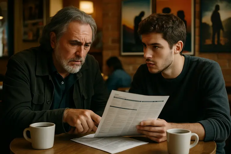Independent filmmakers discussing a screening schedule in a lobby