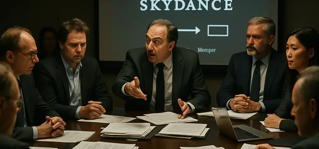 Skydance merger analysis scene with a studio lot, cinema seats, and production papers