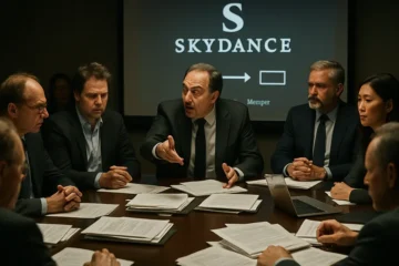 Skydance merger analysis scene with a studio lot, cinema seats, and production papers