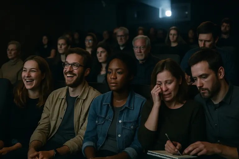 Small cinema audience watching a film while a distributor studies release notes