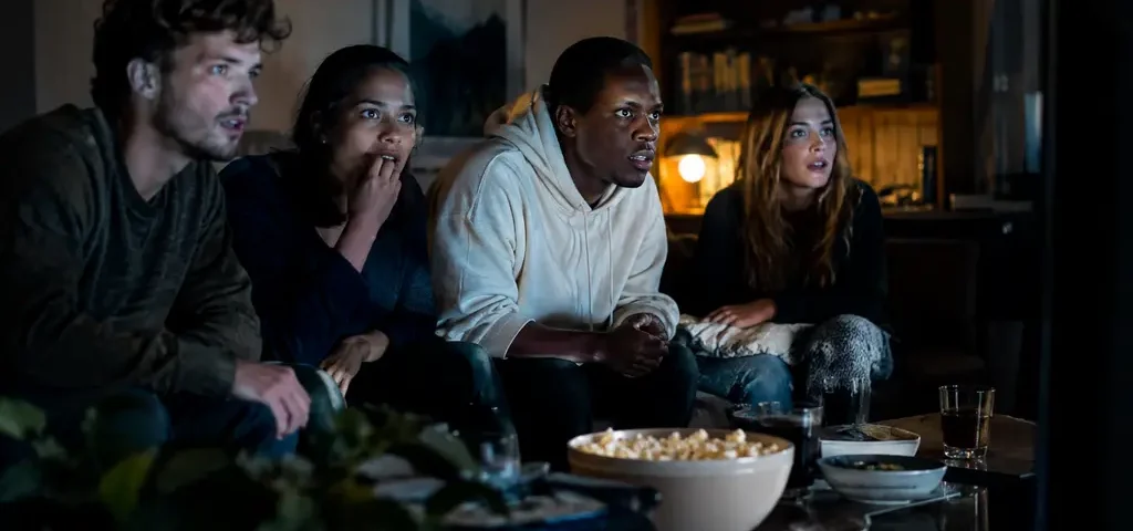streaming service consolidations shown through viewers choosing films on a couch