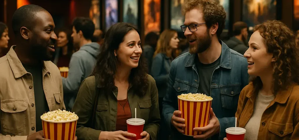 Theatrical Attendance shown through moviegoers entering a cinema lobby