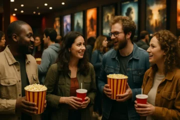 Theatrical Attendance shown through moviegoers entering a cinema lobby