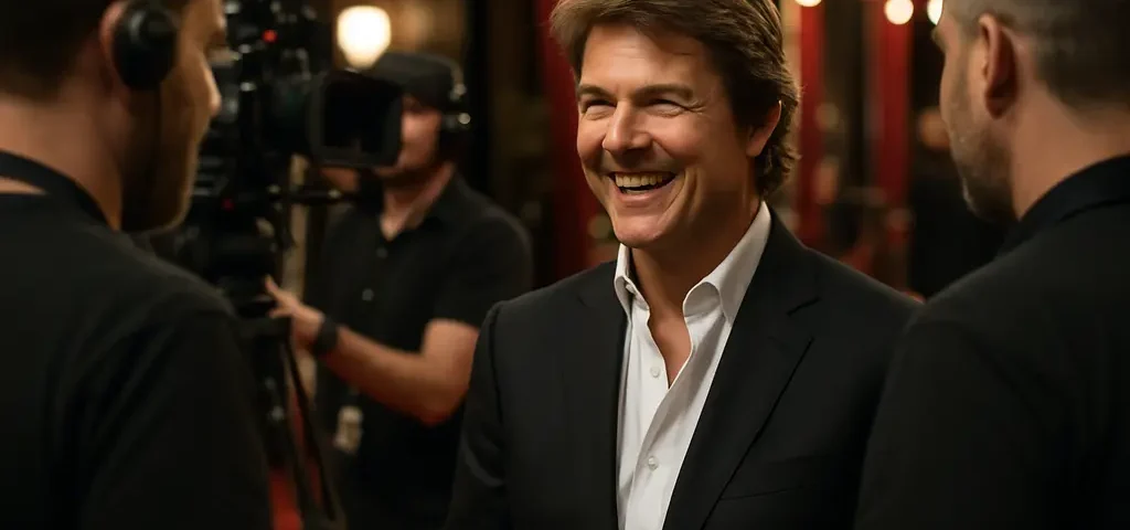Tom Cruise Pledge discussion with cinema seats and studio lot in view