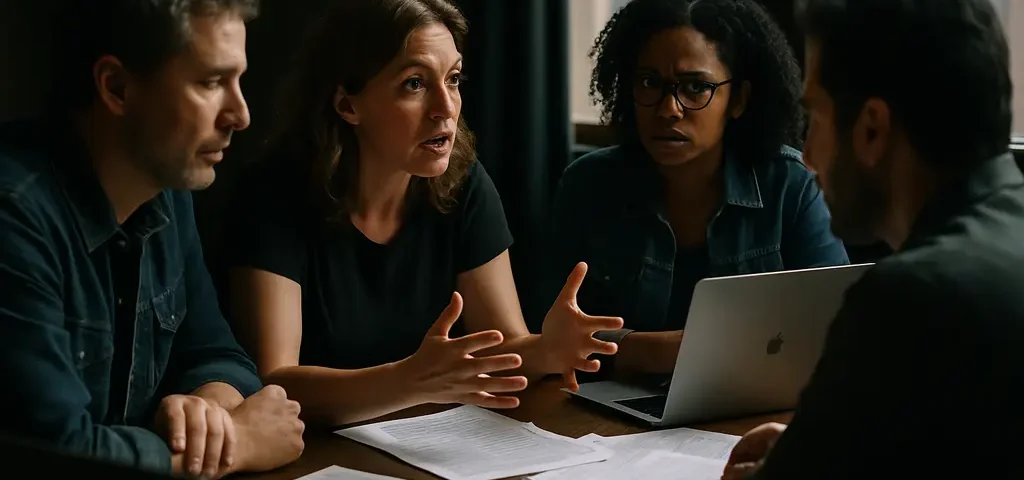 WGA Settlement Impacts shown through writers reviewing contracts in a studio office