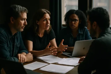 WGA Settlement Impacts shown through writers reviewing contracts in a studio office